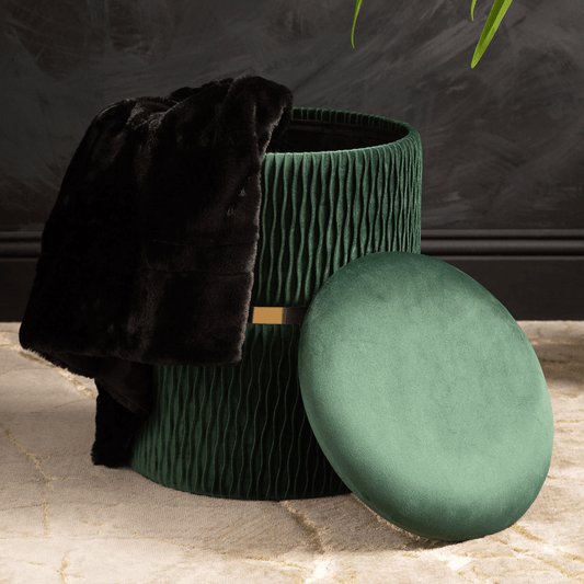 simply HAZEL Ottoman Green Patterned Velvet and Gold Round Storage Stool