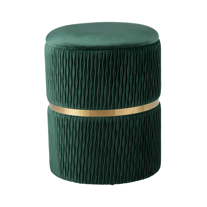 simply HAZEL Ottoman Green Patterned Velvet and Gold Round Storage Stool