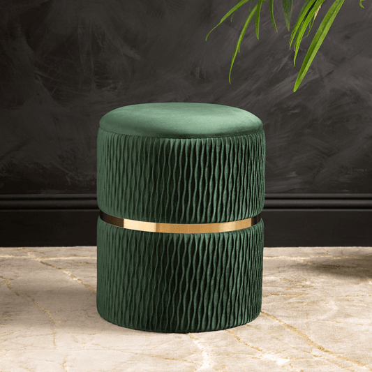 simply HAZEL Ottoman Green Patterned Velvet and Gold Round Storage Stool