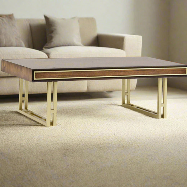 DUBAI COFFEE TABLE – WALNUT FINISH WITH GOLD FRAMING AND LEGS