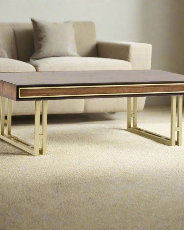 DUBAI COFFEE TABLE – WALNUT FINISH WITH GOLD FRAMING AND LEGS