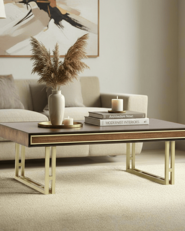DUBAI COFFEE TABLE – WALNUT FINISH WITH GOLD FRAMING AND LEGS