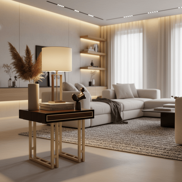 DUBAI LAMP TABLE – ELEGANT WALNUT FINISH WITH GOLD ACCENTS