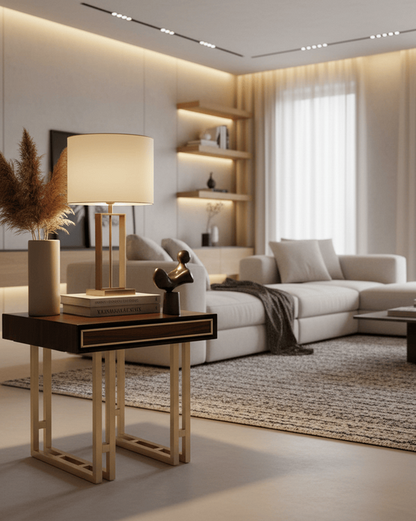 DUBAI LAMP TABLE – ELEGANT WALNUT FINISH WITH GOLD ACCENTS