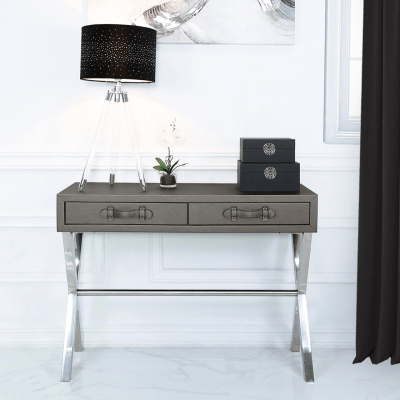 simply HAZEL Table Pewter and Stainless Steel Faux Leather 2 Drawer Console/Writing Desk