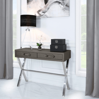 simply HAZEL Table Pewter and Stainless Steel Faux Leather 2 Drawer Console/Writing Desk