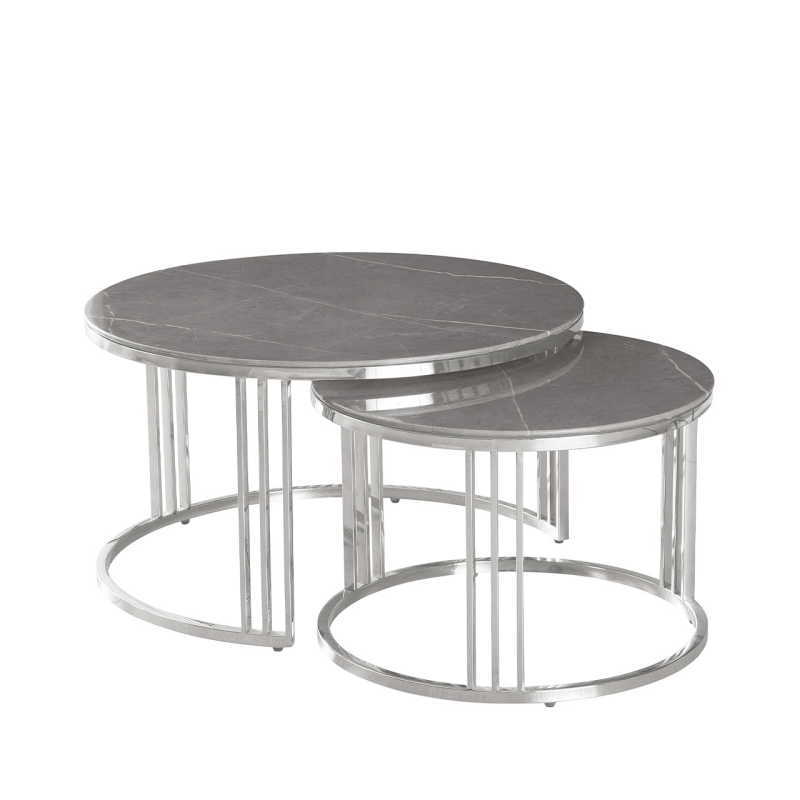 simply HAZEL Table Set of 2 Chrome Metal Coffee Table with Grey Marble Design Glass Top Coffee Table