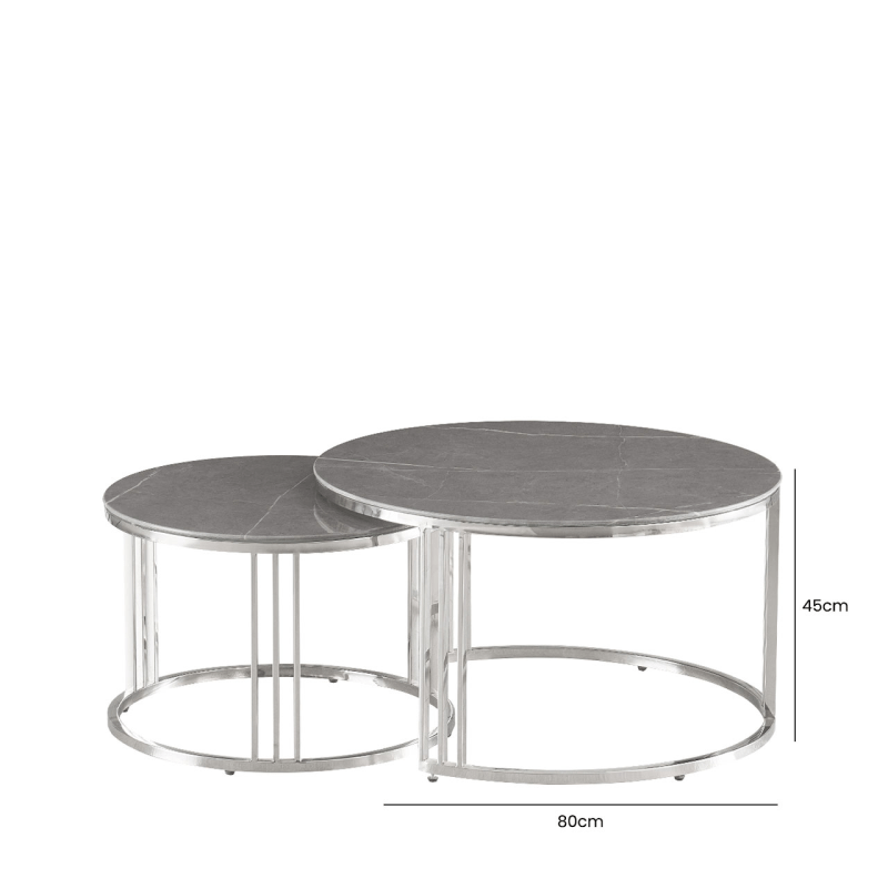 simply HAZEL Table Set of 2 Chrome Metal Coffee Table with Grey Marble Design Glass Top Coffee Table