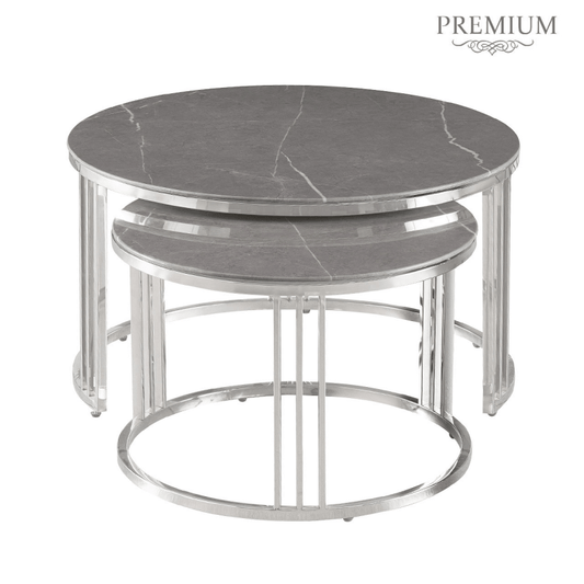 simply HAZEL Table Set of 2 Chrome Metal Coffee Table with Grey Marble Design Glass Top Coffee Table