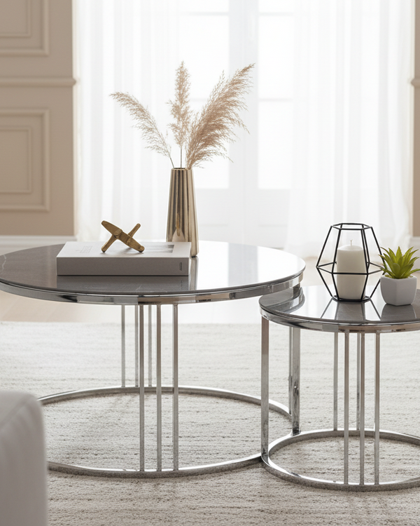 NESTED CHROME METAL COFFEE TABLE WITH GREY MARBLE DESIGN GLASS TOP by Lina Home