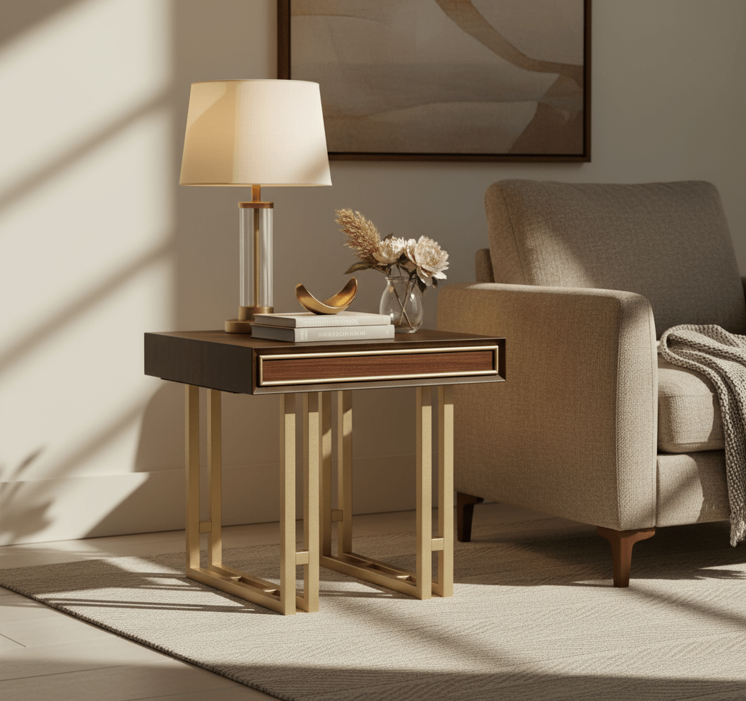 simply HAZEL Table simply Hazel Dubai Lamp Table – Elegant Walnut Finish with Gold Accents