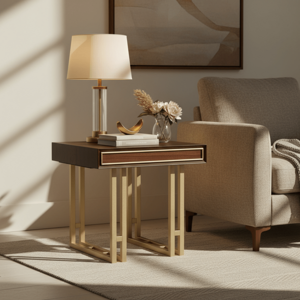 DUBAI LAMP TABLE – ELEGANT WALNUT FINISH WITH GOLD ACCENTS