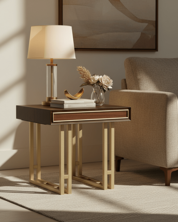 DUBAI LAMP TABLE – ELEGANT WALNUT FINISH WITH GOLD ACCENTS
