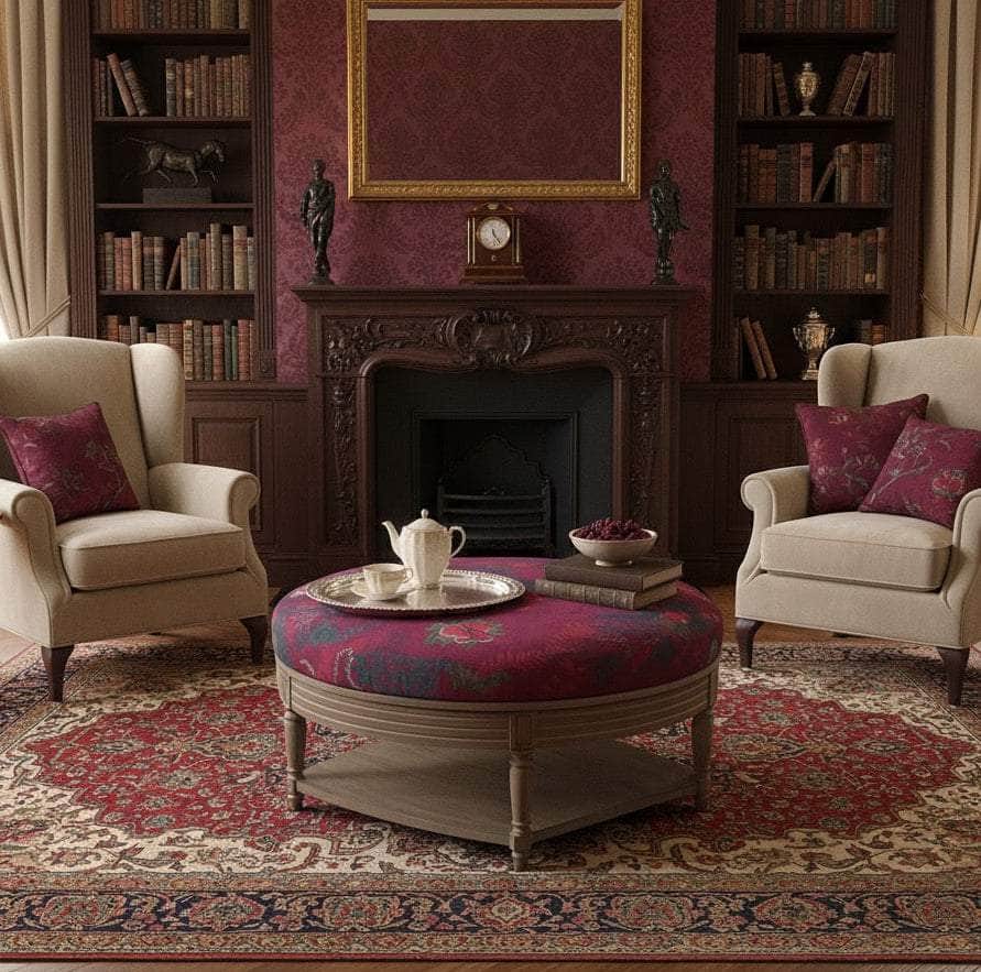 simply Hazel x Voyage Maison Voyage Maison Furniture X simply Hazel Custom Voyage Maison Maurice Ottoman Table Curious Creatures by Becca Who – Stone/Crimson (Custom Upholstered by simply Hazel in Ireland)