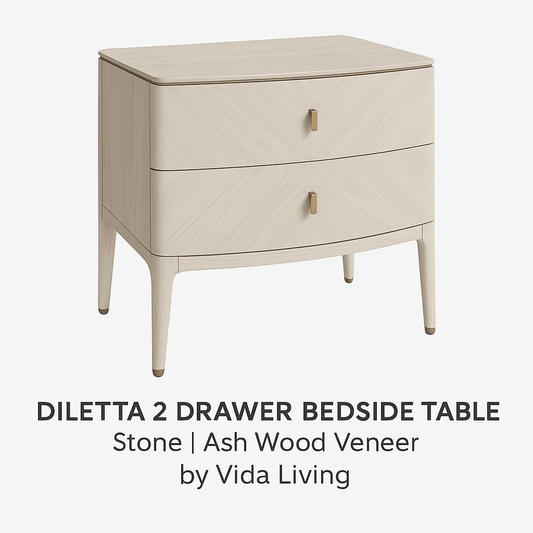 Vida Living Bed Complete DILETTA 2 DRAWER BEDSIDE TABLE Stone | Ash Wood Veneer by Vida Living
