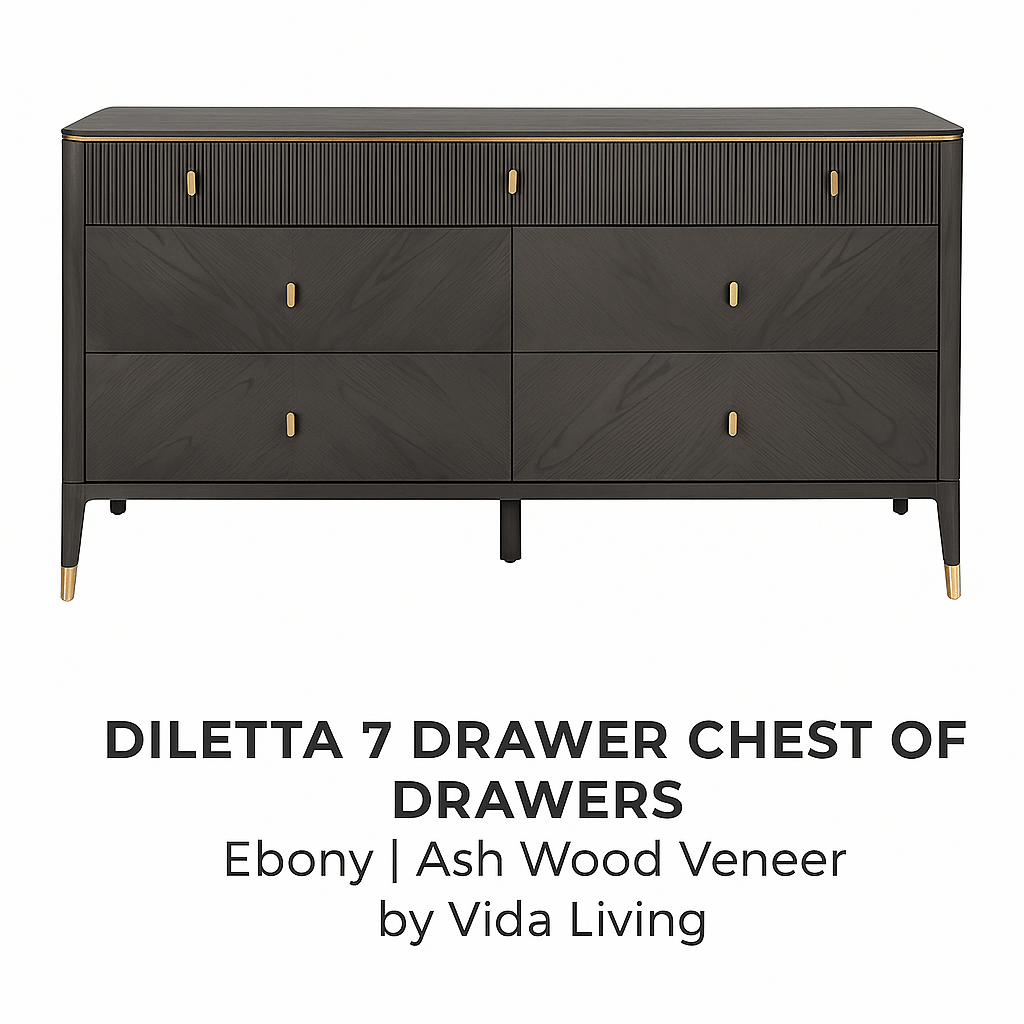 Vida Living Bed Complete DILETTA 7 DRAWER CHEST OF DRAWERS Ebony | Ash Wood Veneer by Vida Living