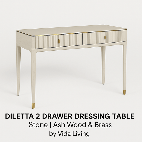 DILETTA DRESSING TABLE · STOOL · MIRROR Stone | Ash Wood & Brass by Vida Living