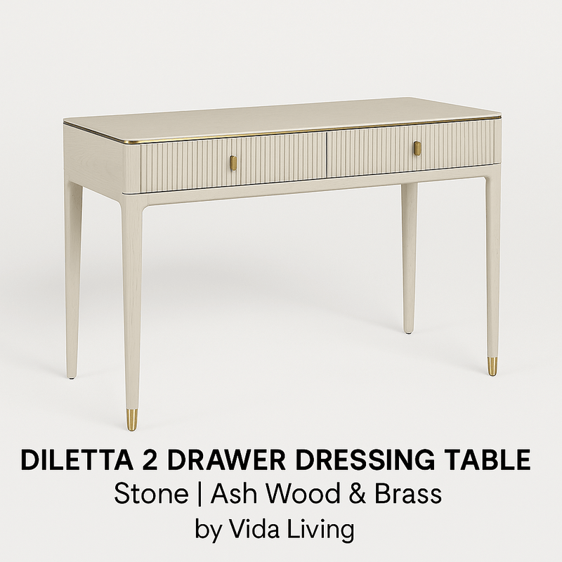 DILETTA DRESSING TABLE · STOOL · MIRROR Stone | Ash Wood & Brass by Vida Living