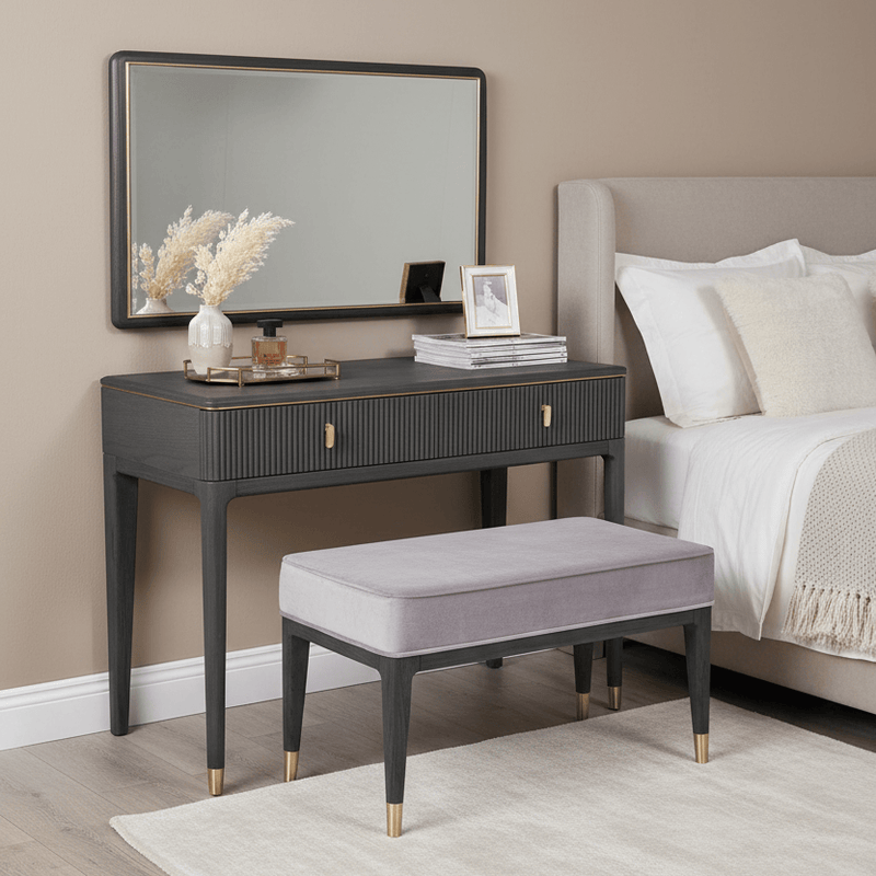 DILETTA DRESSING TABLE · STOOL · MIRROR Ebony | Ash Wood & Brushed Brass by Vida Living