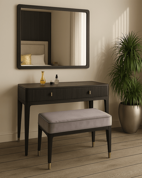 DILETTA DRESSING TABLE · STOOL · MIRROR Ebony | Ash Wood & Brushed Brass by Vida Living