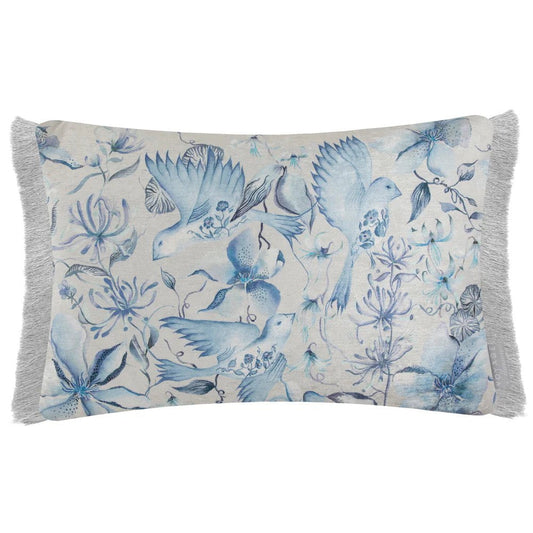 Voyage Maison Cushions FLOELLA PRINTED RUCHE FRINGE CUSHION in BLUE 40cm x 60cm