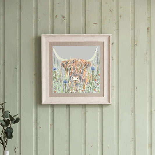 Voyage Maison Interior Design Range Alfie Silver Highland Cow Birch Framed Print - 46x46cm