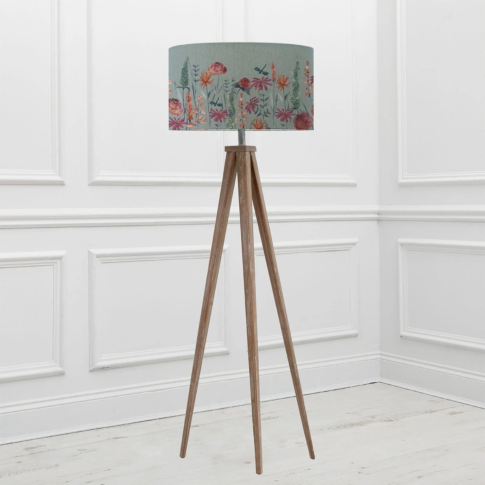 Voyage Maison Interior Design Range Aratus Grey Wash Tripod Floor Lamp with Florabunda Cornflower Shade D46cm