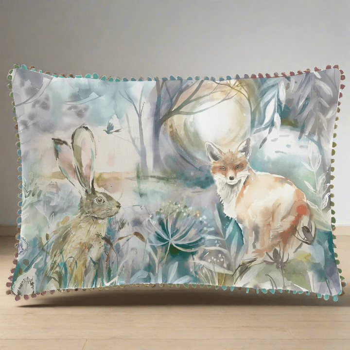 Voyage Maison Interior Design Range Fox & Hare Printed Feather Cushion Purple / Linen - 40x60cm