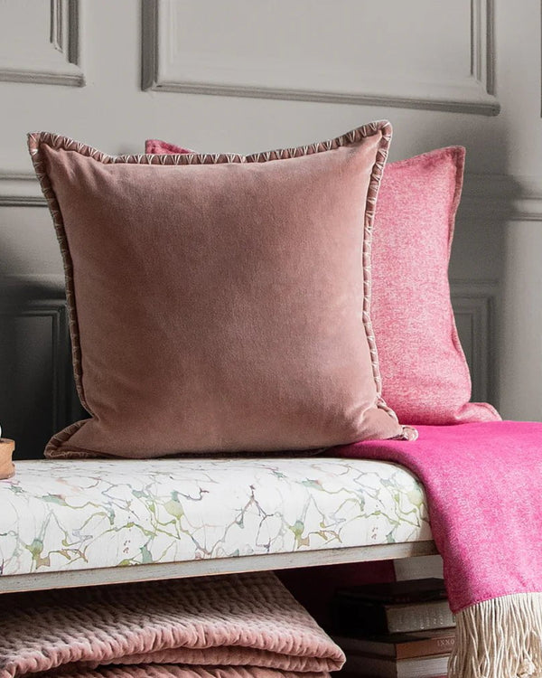 STITCH EMBROIDERED FEATHER VELVET CUSHION CORAL by Voyage Maison