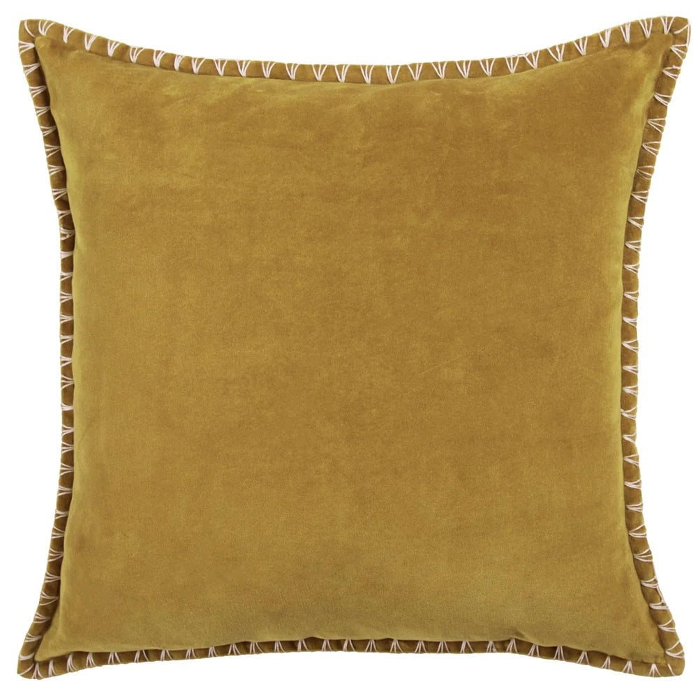 Voyage Maison Interior Design Range STITCH EMBROIDERED FEATHER VELVET CUSHION MUSTARD - 50x50cm