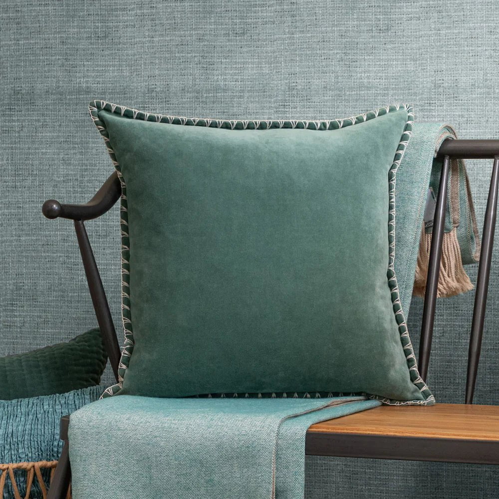 Voyage Maison Interior Design Range STITCH EMBROIDERED FEATHER VELVET CUSHION SEAFOAM - 50x50cm