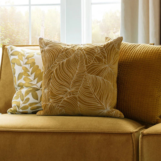 Voyage Maison Interior Design Range Taro Embroidered Mustard Velvet Cushion - 50x50cm