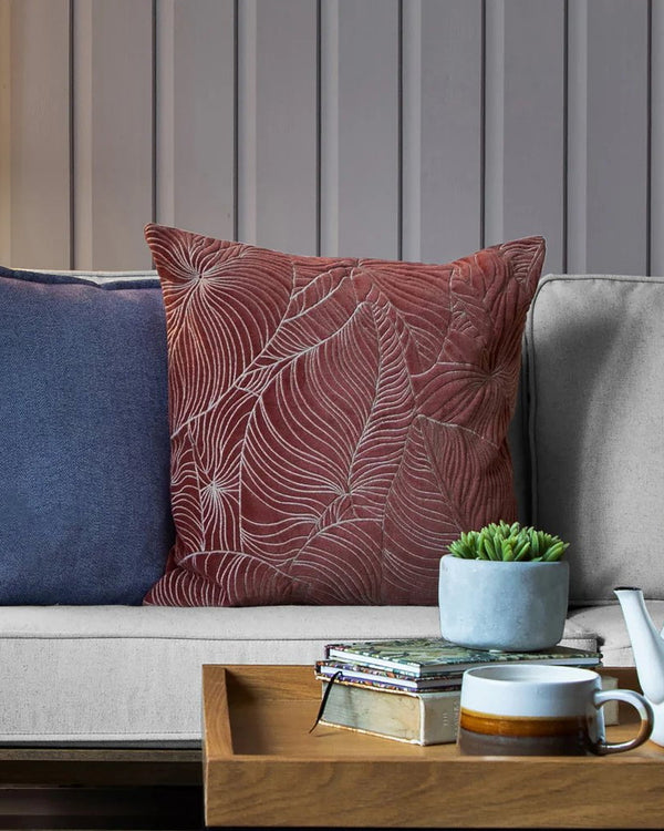 Taro Embroidered Persimmon Velvet Cushion - 50x50cm