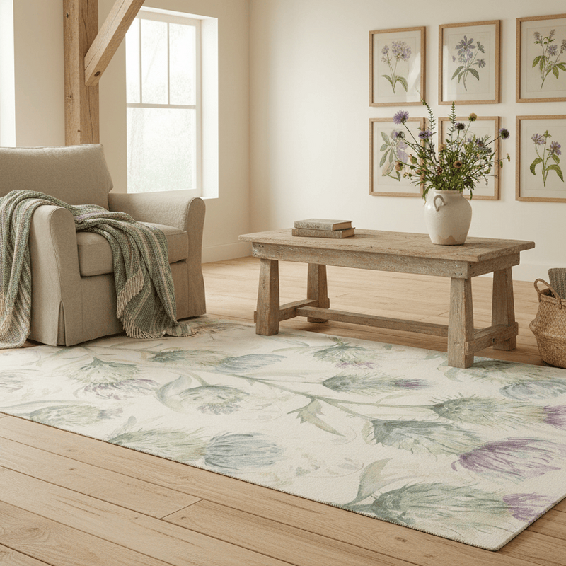 THISTLE GLEN PRINTED WOOL RUG – BEIGE / GREEN  by Voyage Maison