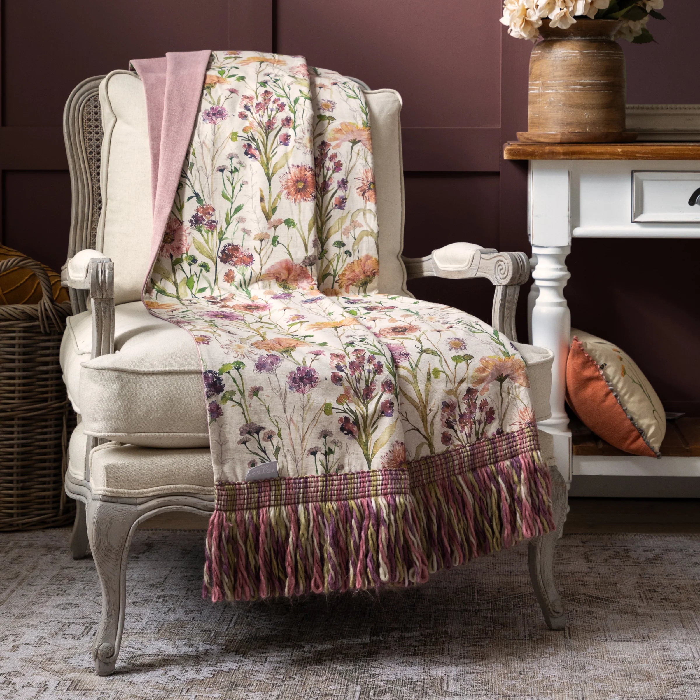 Voyage Maison (Riva Home) Interior Design Range Medmerry Printed Fringe Throw in Blossom