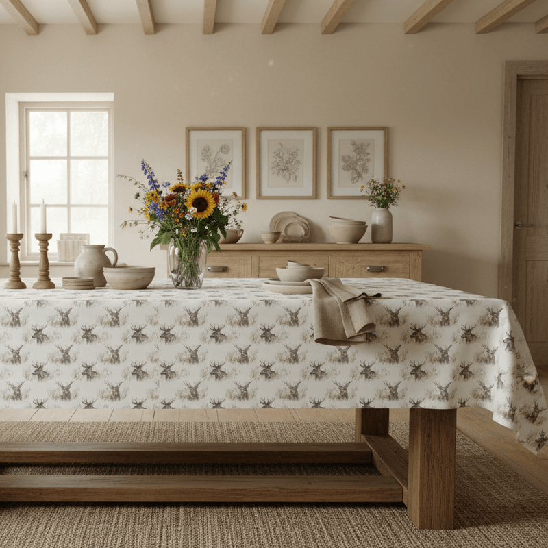 WALLACE STAG PRINTED RESIN OIL CLOTH FABRIC (BY THE METRE) NATURAL by Voyage Maison