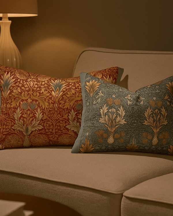 SNAKESHEAD PRINTED INDOOR CUSHION – BERRY/NATURAL & INDIGO/STONE by Morris & Co.