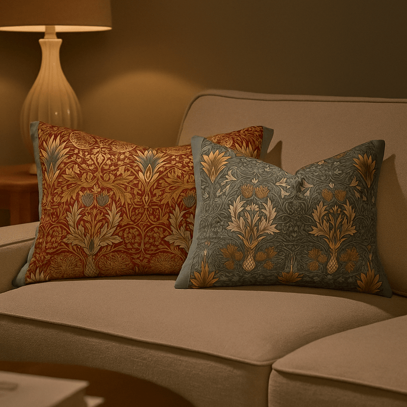 SNAKESHEAD PRINTED INDOOR CUSHION – BERRY/NATURAL & INDIGO/STONE by Morris & Co.
