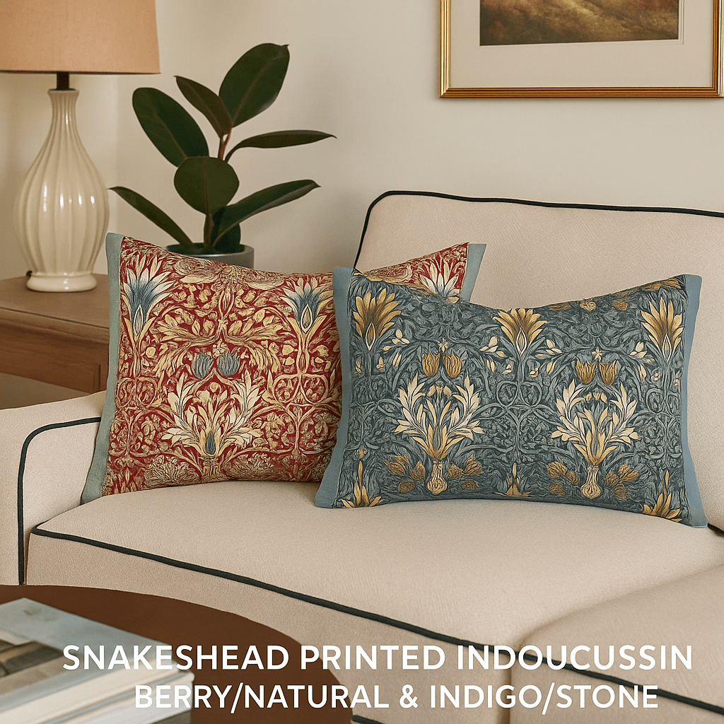 Voyage Maison (Riva Home) Outdoor Designer Cushions SNAKESHEAD PRINTED INDOOR CUSHION – BERRY/NATURAL & INDIGO/STONE by Morris & Co.