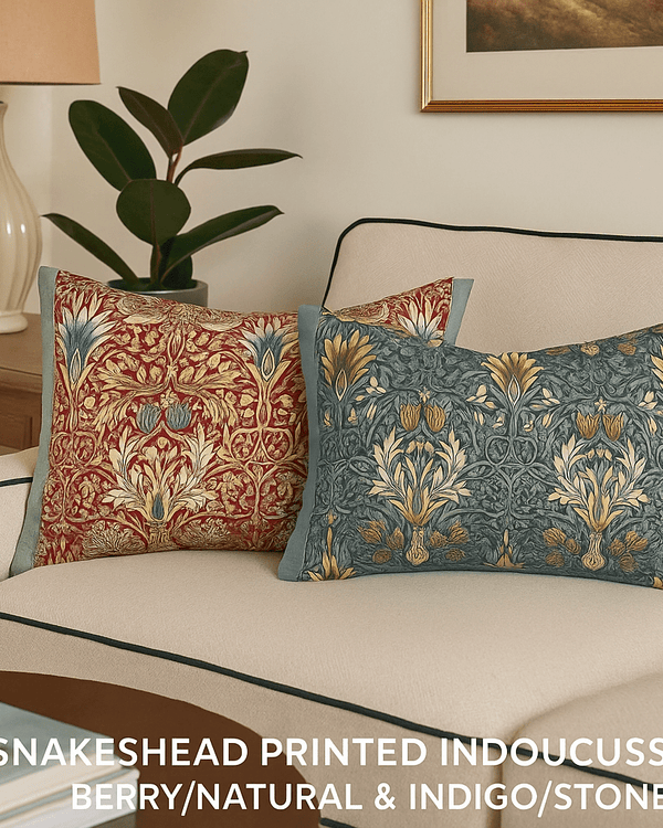 SNAKESHEAD PRINTED INDOOR CUSHION – BERRY/NATURAL & INDIGO/STONE by Morris & Co.