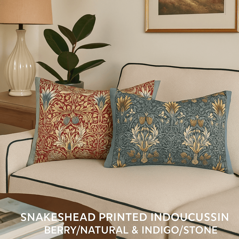 SNAKESHEAD PRINTED INDOOR CUSHION – BERRY/NATURAL & INDIGO/STONE by Morris & Co.