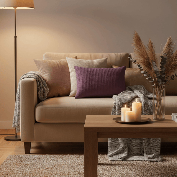 HAZE EMBROIDERED FEATHER CUSHION PLUM by Voyage Maison