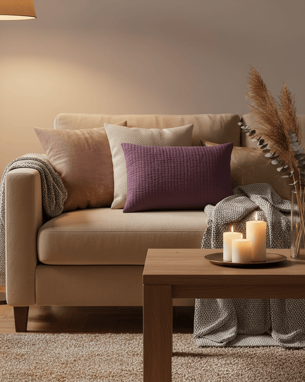 HAZE EMBROIDERED FEATHER CUSHION PLUM by Voyage Maison