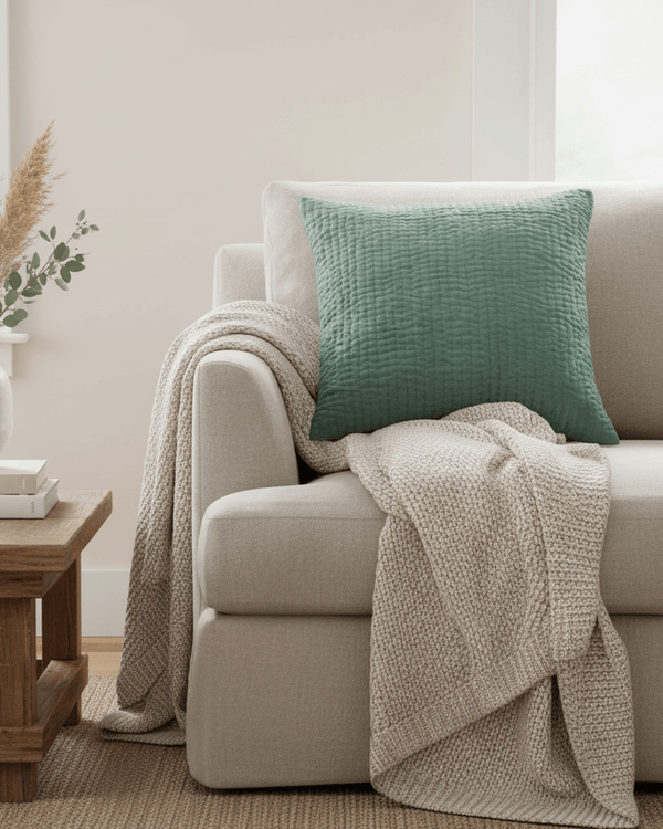 HAZE EMBROIDERED FEATHER CUSHION SEAFOAM by Voyage Maison