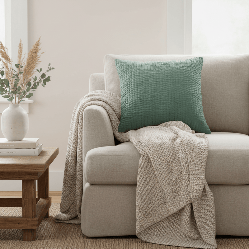 HAZE EMBROIDERED FEATHER CUSHION SEAFOAM by Voyage Maison