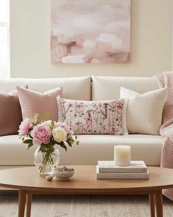 HERMIONE PRINTED FEATHER CUSHION BLUSH by Voyage Maison