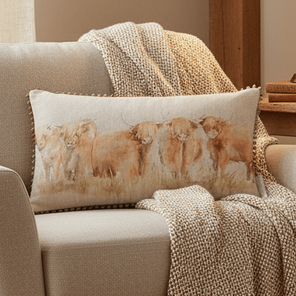 HIGHLAND CATTLE PRINTED FEATHER CUSHION NATURAL by Voyage Maison