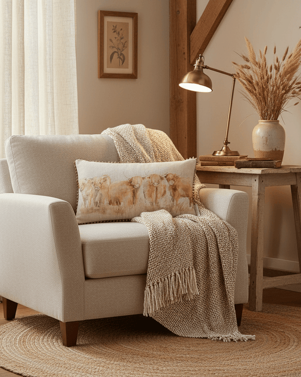 HIGHLAND CATTLE PRINTED FEATHER CUSHION NATURAL by Voyage Maison