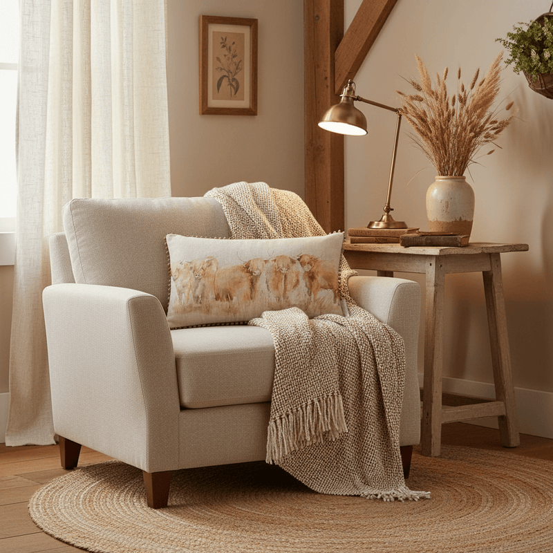 HIGHLAND CATTLE PRINTED FEATHER CUSHION NATURAL by Voyage Maison