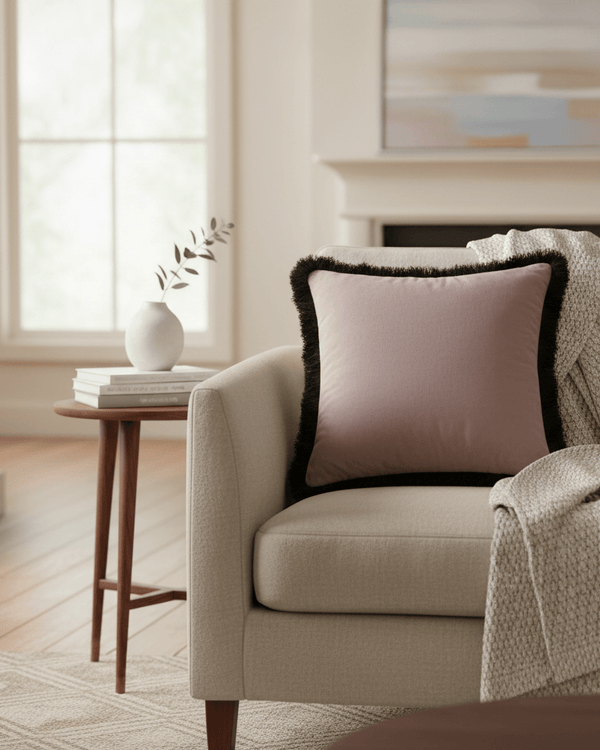 Loreto Fringed Heather Velvet Cushion by Voyage Maison